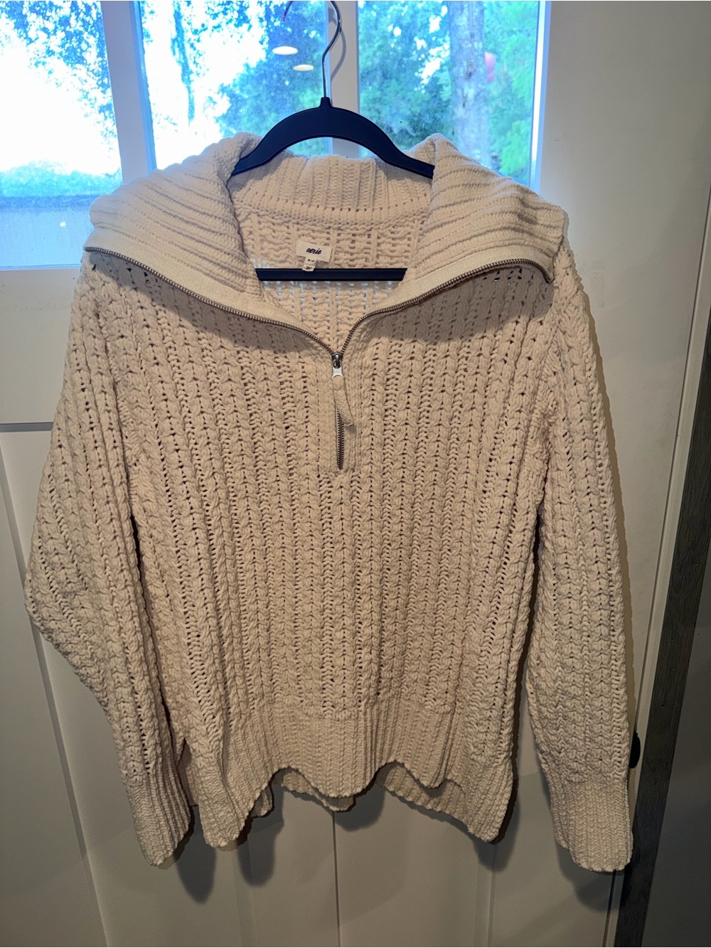 Aerie Cream Zip-Neck Cable Knit Women’s Sweater